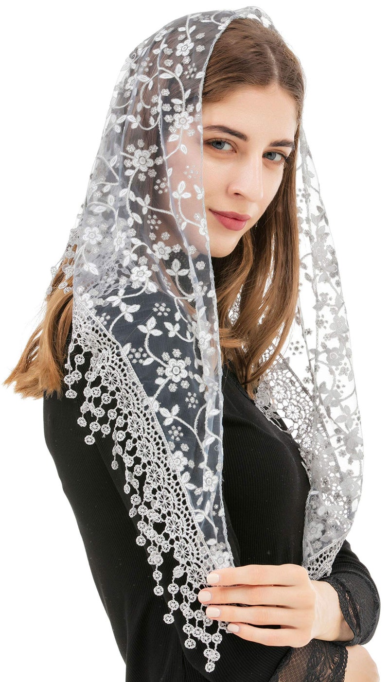 PAMOR Triangle Lace Veil Mantilla Cathedral Head Covering Chapel Veil for Mass Wedding Bridesmaids (Gray) - Image 4